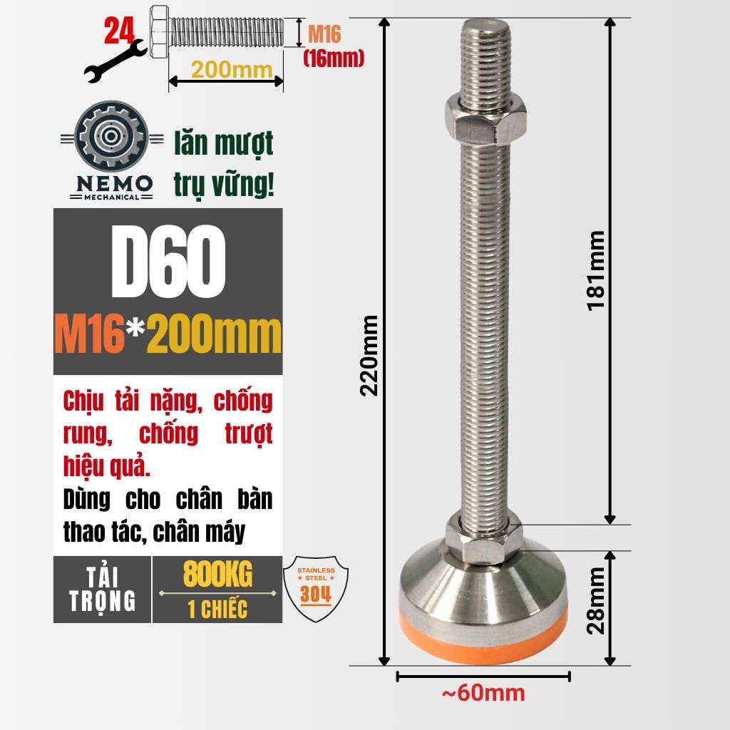 Chân Tăng Chỉnh Inox 304 Ren M16 – Đế Bát Dày Chịu Tải Siêu Nặng 800kg, Chống Ăn Mòn Tuyệt Đối